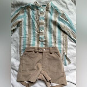 Striped Kids Matching Set - Beige and Blue